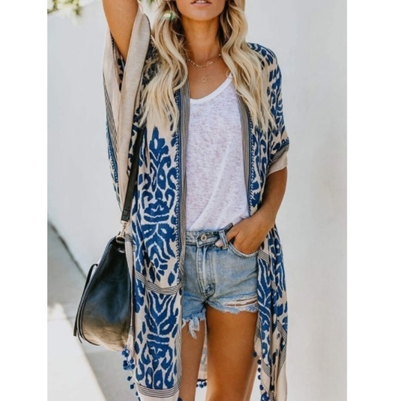 New Navy Blue Kimono Swimsuit Beach Summer Cover Swimwear Cardigan Dress boho - Picture 6 of 8